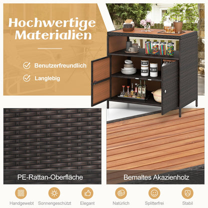 COSTWAY Gartenschrank Rattan mit Akazienholz-Arbeitsplatte, Braun