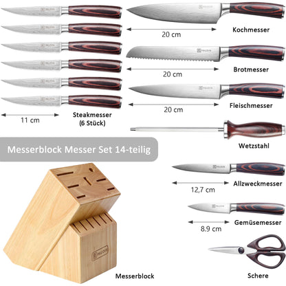 PAUDIN Messerblock Set 14-teilig Edelstahl Küchenmesser mit Holzblock