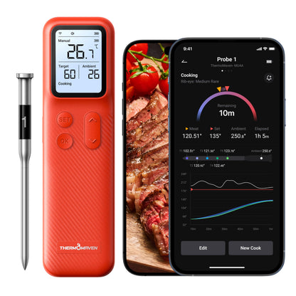 ThermoMaven P1 Kabelloses Fleischthermometer mit WiFi & Bluetooth, Display-Basis und ultradünner Sonde