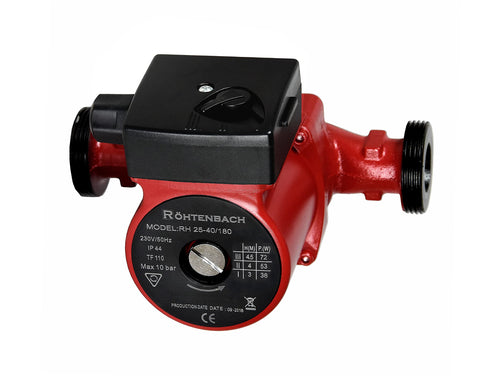 Rohtenbach 25-40/180 Zirkulator für Zentralheizung. Robuster, grauer Metallkörper. Fördert Heizwasser im Zentralheizsystem.