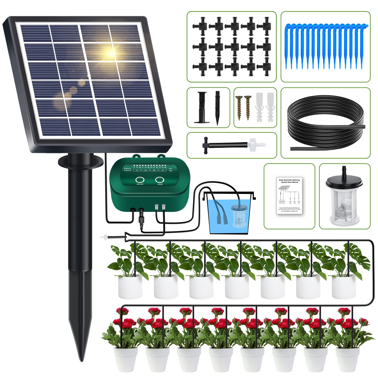 YAHAMOO Solar Bewässerungssystem Tröpfchenbewässerung 15 m Schlauch mit Solarpanel und Erdspiessen