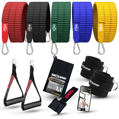 NEOLYMP Resistance Bands Set – Fitnessbänder mit 5 Stärken & Griffen, Türanker und Tragetasche