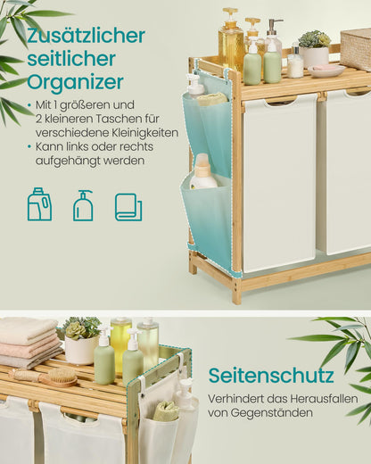 SONGMICS Wäschekorb mit 3 Fächern, Bambus, 150 L, cremeweiss