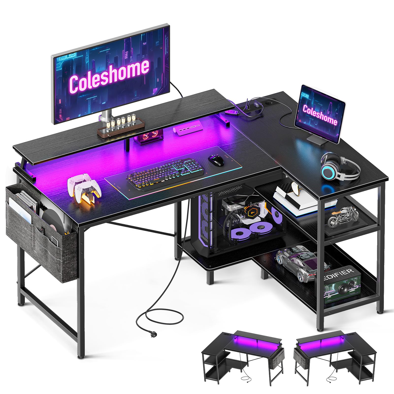 Coleshome Gaming L-Schreibtisch 120x80cm – LED & Steckdosen Schwarz. Mit LED-Beleuchtung und Steckdosen für Gaming.