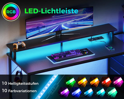 Coleshome Gaming Tisch 151x50cm LED Schubladen Carbon Schwarz