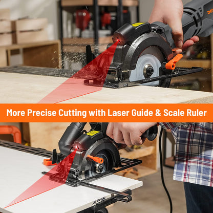 DOVAMAN Mini Handkreissäge, 710W 115mm Handkreissäge w/Laser, 3500RPM, Metall-Hilfsgriff, 43mm (90°), 29mm (45°) Schnitttiefe, 6 Sägeblätter, ideal für Holz, Weichmetall, Kunststoff, Fliesen–MCS01A