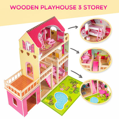 Kinderplay Puppenhaus Holz Villa 3 Etagen – Gross LED 90cm