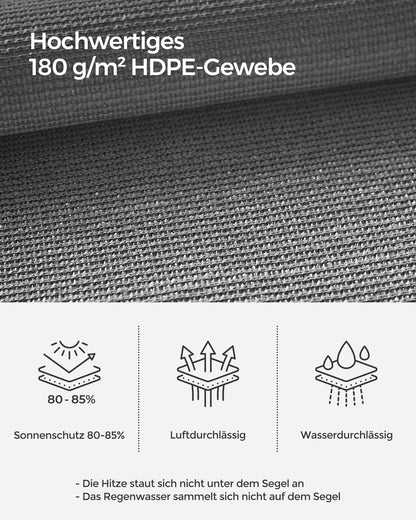 SONGMICS Sonnensegel 4 x 4 m, HDPE-Gewebe, luftdurchlässig, rauchgrau