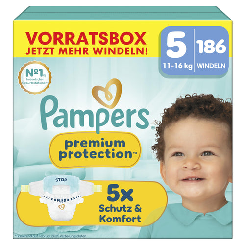 Pampers Premium Protection Windeln Grösse 5, 186 Stück (11–16 kg), Babywindeln mit flexiblem Bauchbündchen
