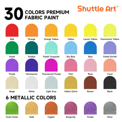 Shuttle Art Textilfarben Set, 30 waschfeste Stoffmalfarben mit Pinseln