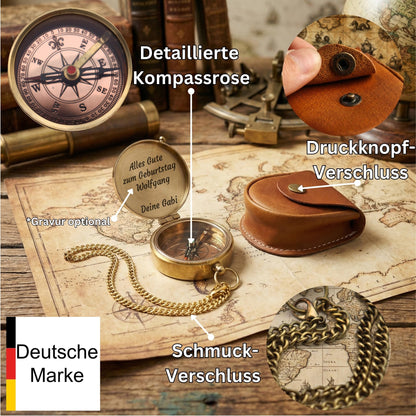 SonKo Messing Kompass mit personalisierter Gravur und Lederetui