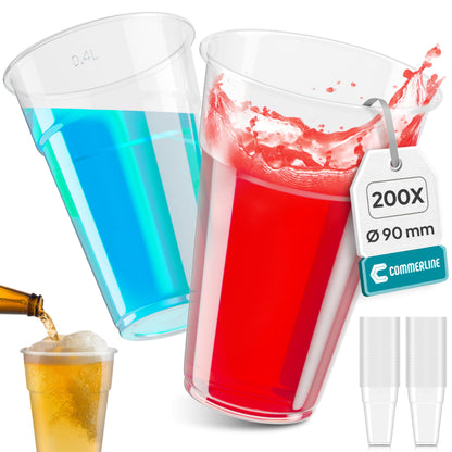 Commerline Plastikbecher 0,4 L transparent, Trinkbecher, 1000 Stück, aus Polypropylen, stapelbar