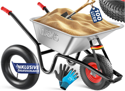 MASKO Schubkarre 100 Liter bis 250 kg mit Luftreifen und Stahlfelge, verzinkte Blechwanne