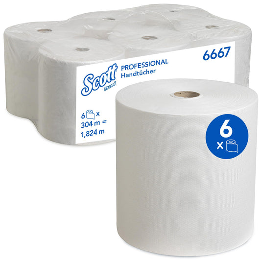Scott Papierhandtuch Rollen 6667, weiße, 1-lagige Zylinder zur hygienischen Händetrocknung.