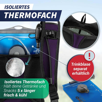 SASMO Trinkrucksack Schwarz mit 2L Trinkblase und Thermofach