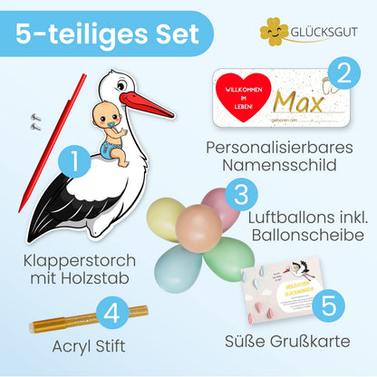 GLÜCKSGUT Klapperstorch Baby Blau 100 cm, Geburtsstorch Set