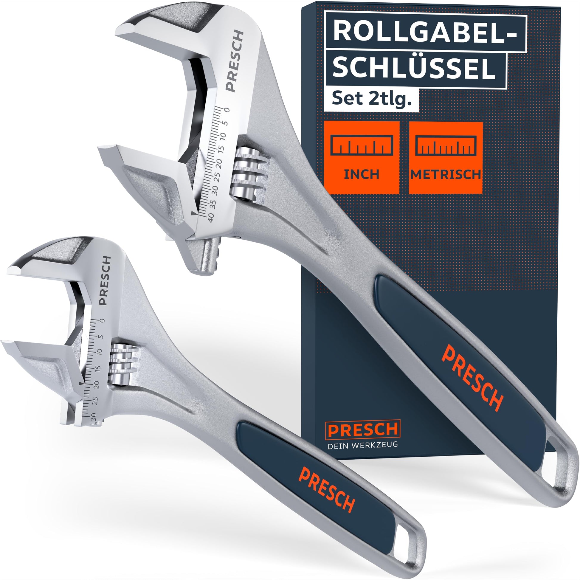 PRESCH Rollgabelschlüssel Set 200 & 300 mm, verstellbar, Stahl – zwei Einmaulschlüssel mit lasergravierter Skala