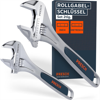 PRESCH Rollgabelschlüssel Set 200 & 300 mm, verstellbar, Stahl – zwei Einmaulschlüssel mit lasergravierter Skala