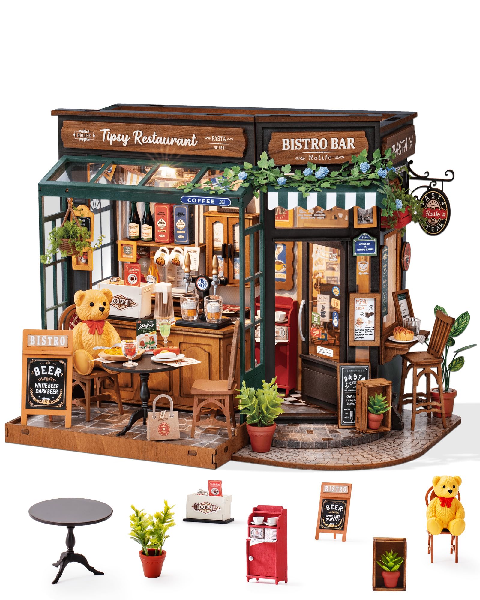 Rolife Tipsy Restaurant DIY Miniaturhaus Bausatz aus Holz, Bistro-Szene mit Küchenelementen und Teddybär