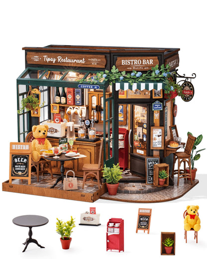 Rolife Tipsy Restaurant DIY Miniaturhaus Bausatz aus Holz, Bistro-Szene mit Küchenelementen und Teddybär