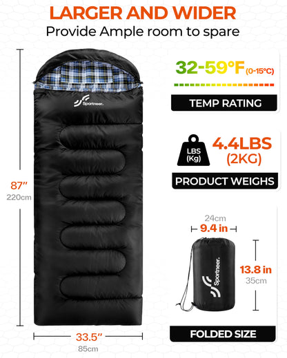 Sportneer Flanell-Schlafsack mit abnehmbarer Kapuze, 220 x 85 cm