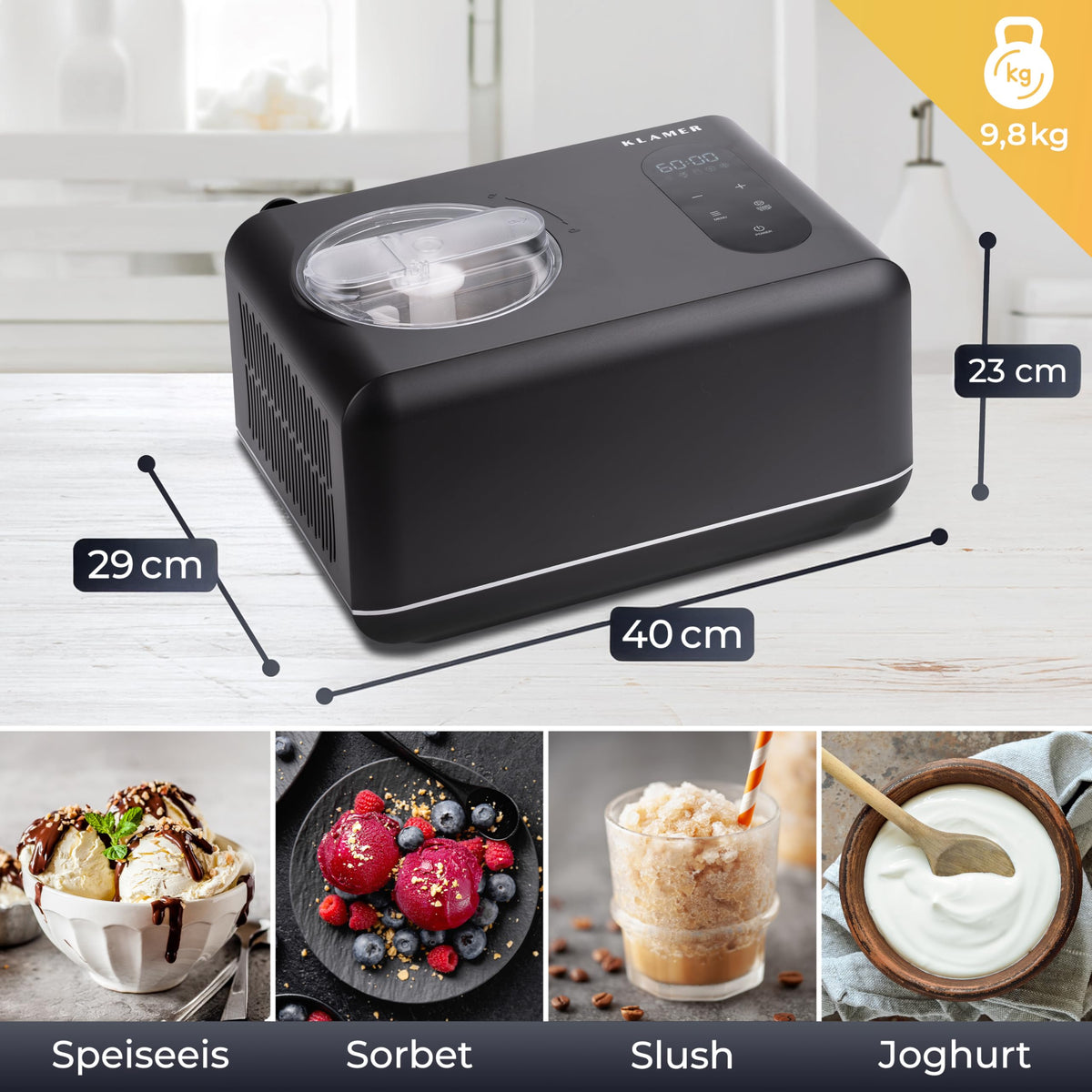 KLAMER Eismaschine 3-in-1 mit Kompressor, 1,5 L, 150 W –