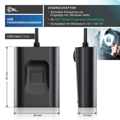 CSL USB Fingerabdrucksensor - Windows 8-11, 10 IDs, 360° Erkennung