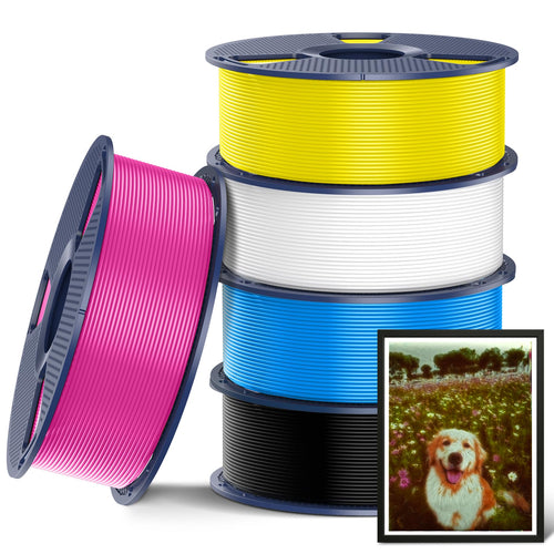 SUNLU PLA+ 3D Druckerfilament 1.75mm - 5kg CMYK Set. Vier spulenförmige Filamente in CMYK-Farben für FDM 3D-Drucker.