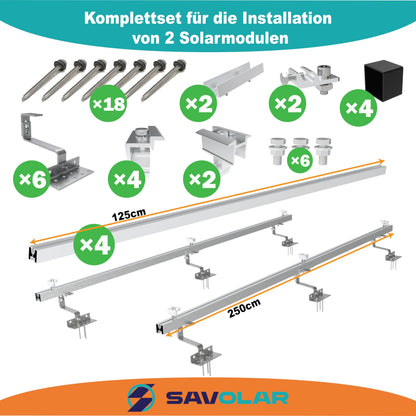 SAVOLAR Solarmodul Montageset Ziegeldach – für 2 Paneele Edelstahl