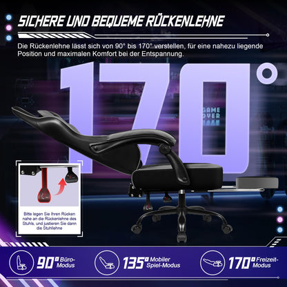 minnouat Gaming Stuhl ergonomisch mit Fussstütze, Kunstleder, Grau