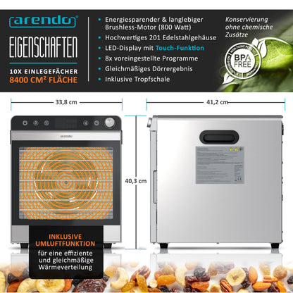 Arendo Dörrautomat Edelstahl - 10 Edelstahlgitter 8400 cm² Dörrgerät