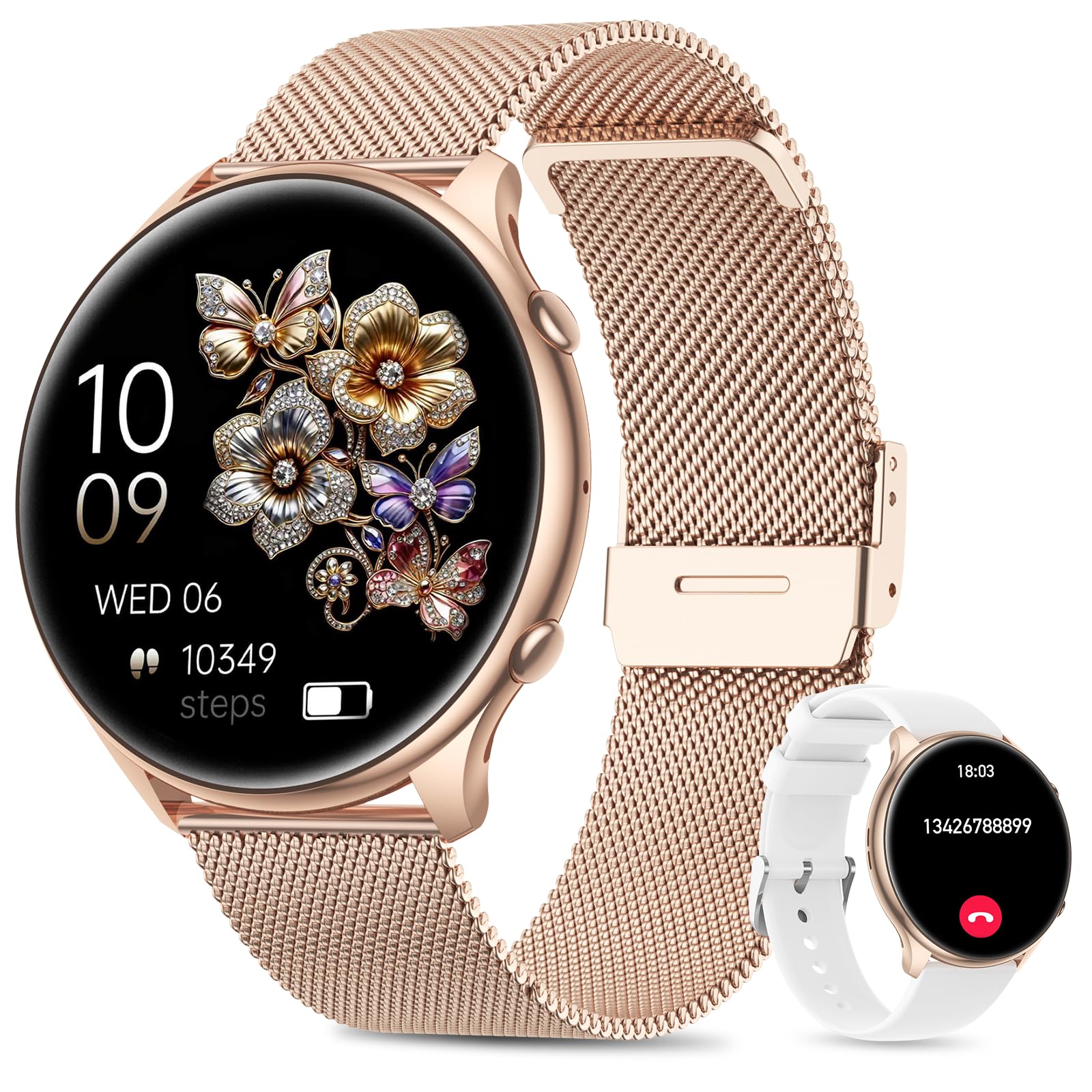 Miecgth S51 Smartwatch Damen in Rosa Gold mit rundem 1,39-Zoll-Touchscreen und Metallarmband