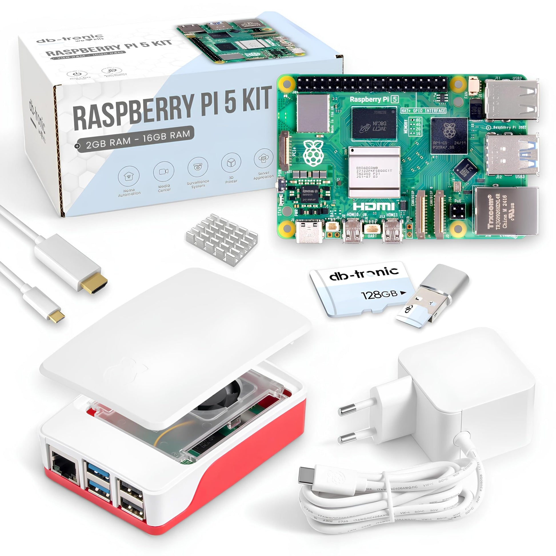 Raspberry Pi 5 8GB Starter-Kit - 128GB Edition. Grüner Einplatinencomputer im Gehäuse, ideal für DIY-Projekte und als Mini-PC.