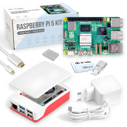 Raspberry Pi 5 8GB Starter-Kit - 128GB Edition. Grüner Einplatinencomputer im Gehäuse, ideal für DIY-Projekte und als Mini-PC.