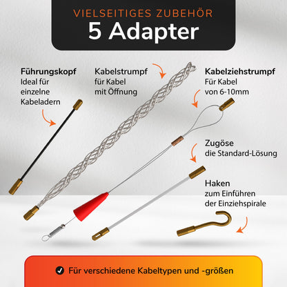 CAPRITOOL Kabeleinziehhilfe 50 m – Einziehfeder mit 5 Adaptern