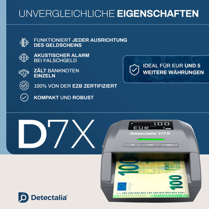 Detectalia D7X Falschgeldprüfer Zählmaschine – für Euro, CHF, GBP