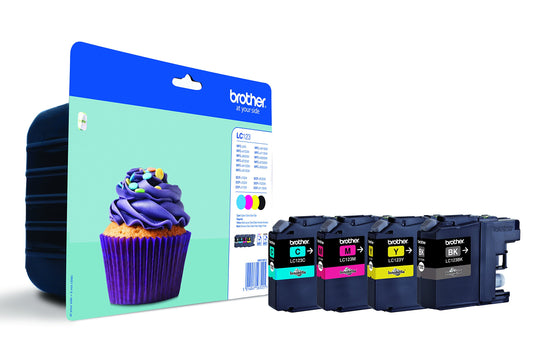 Brother LC123 Original Tintenpatronen Multipack für Drucker: Vier rechteckige CMYK-Tintenpatronen zum Drucken von Dokumenten und Fotos.