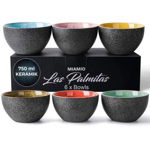 MIAMIO Las Palmitas Schüsselset 6er Keramik Müslischalen 750 ml für Suppen, Salate und Desserts