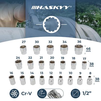 HASKYY Steckschlüssel Set Vielzahn XZN 1/2" - 33-teilig