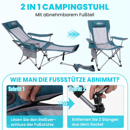 WEJOY 2-in-1 Campingstuhl Relaxliege mit Fussstuetze - Cyan/Grau 2er Set
