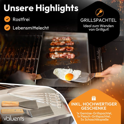 valuents Grillplatte Plancha Edelstahl 25 x 35 cm mit Grillspachtel