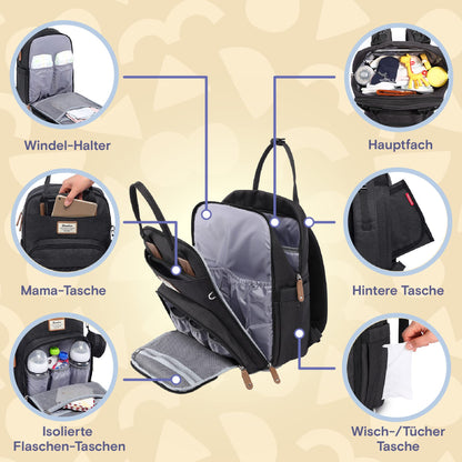 RUVALINO Wickelrucksack mit Wickelauflage und Schnullerhalter, schwarz
