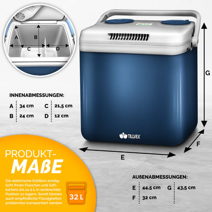 tillvex Kühlbox elektrisch 32L - 230V/12V, Kühl-/Wärmefunktion - Blau