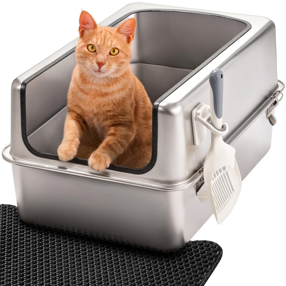 PRIORPET Katzenklo Edelstahl XXL mit hohem Rand, Schaufel und Matte in Silber