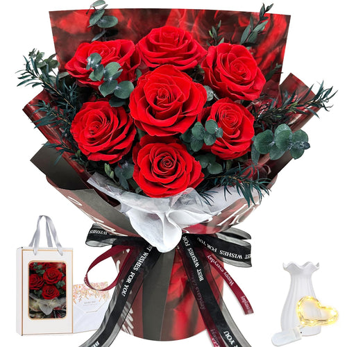 inyeskon Konservierter Rosenstrauss, 7 Rosen, mit Vase und LED-Licht – rote Rosen in weisser Vase