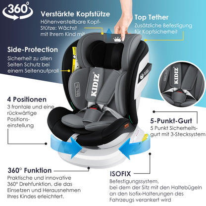 KIDIZ® Kindersitz i-Size Isofix 360° drehbar Gruppe 0/1/2/3