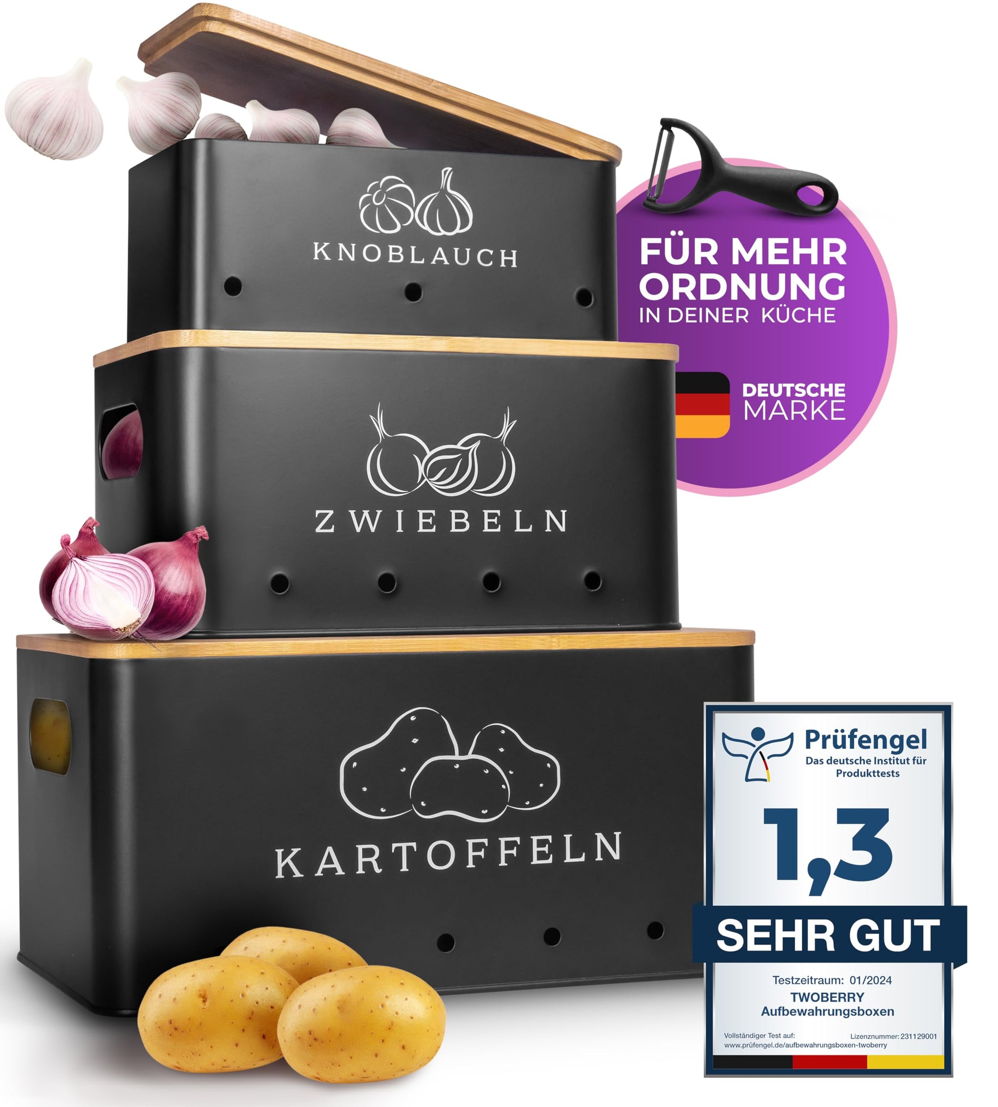 TWOBERRY Kartoffel Aufbewahrungsbox 3er Set mit Sparschäler, Schwarz