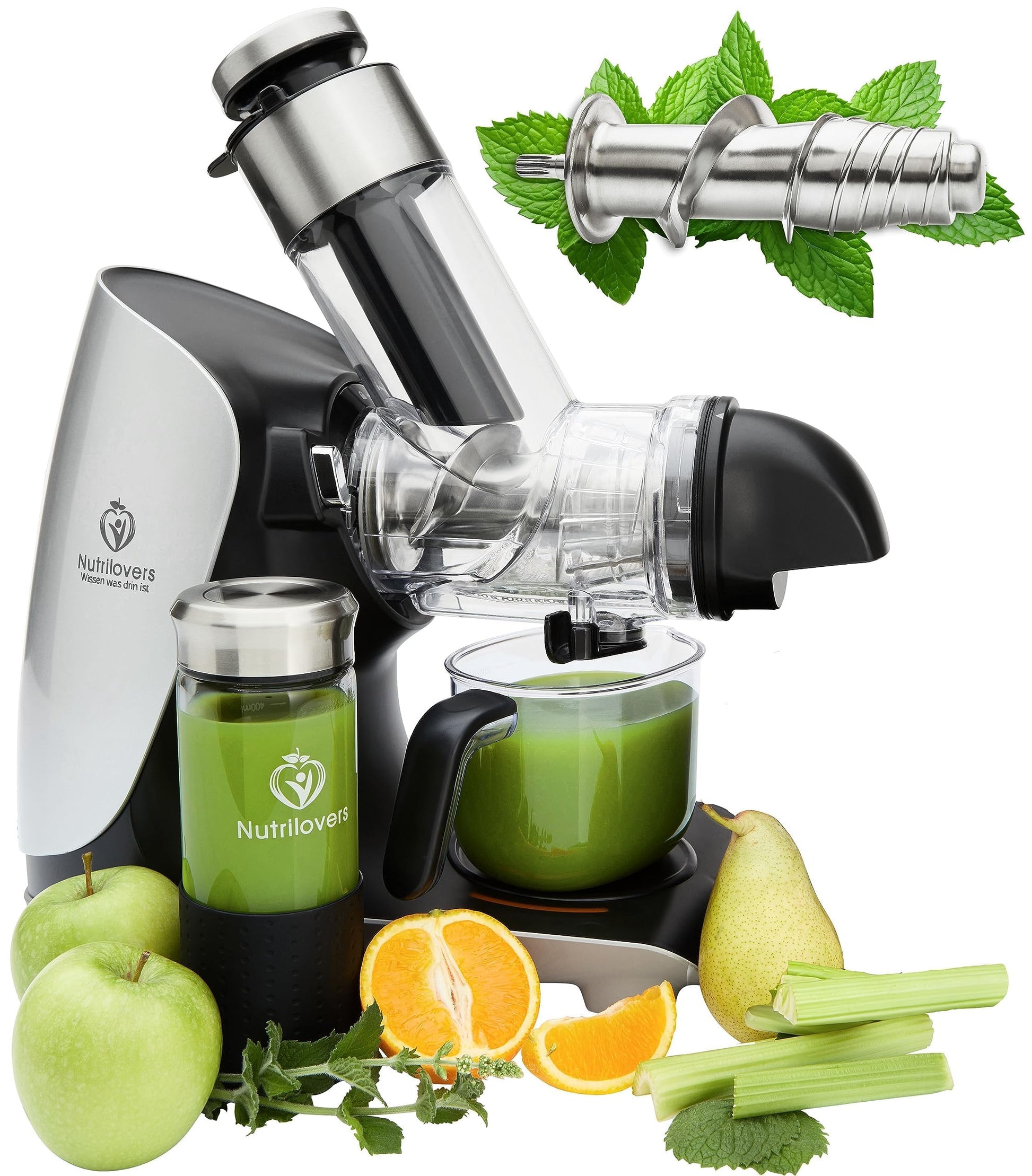 GREEN-PRESS Edelstahl Slow Juicer Entsafter - Testsieger 2023. Vertikaler Entsafter aus Edelstahl. Extrahiert schonend Saft aus Obst und Gemüse.