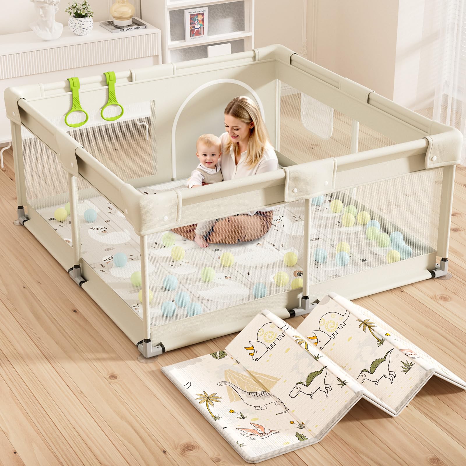 Lertantri Baby Laufstall mit Matte, Laufgitter 120x120 cm, Beige, atmungsaktives Netz an vier Seiten