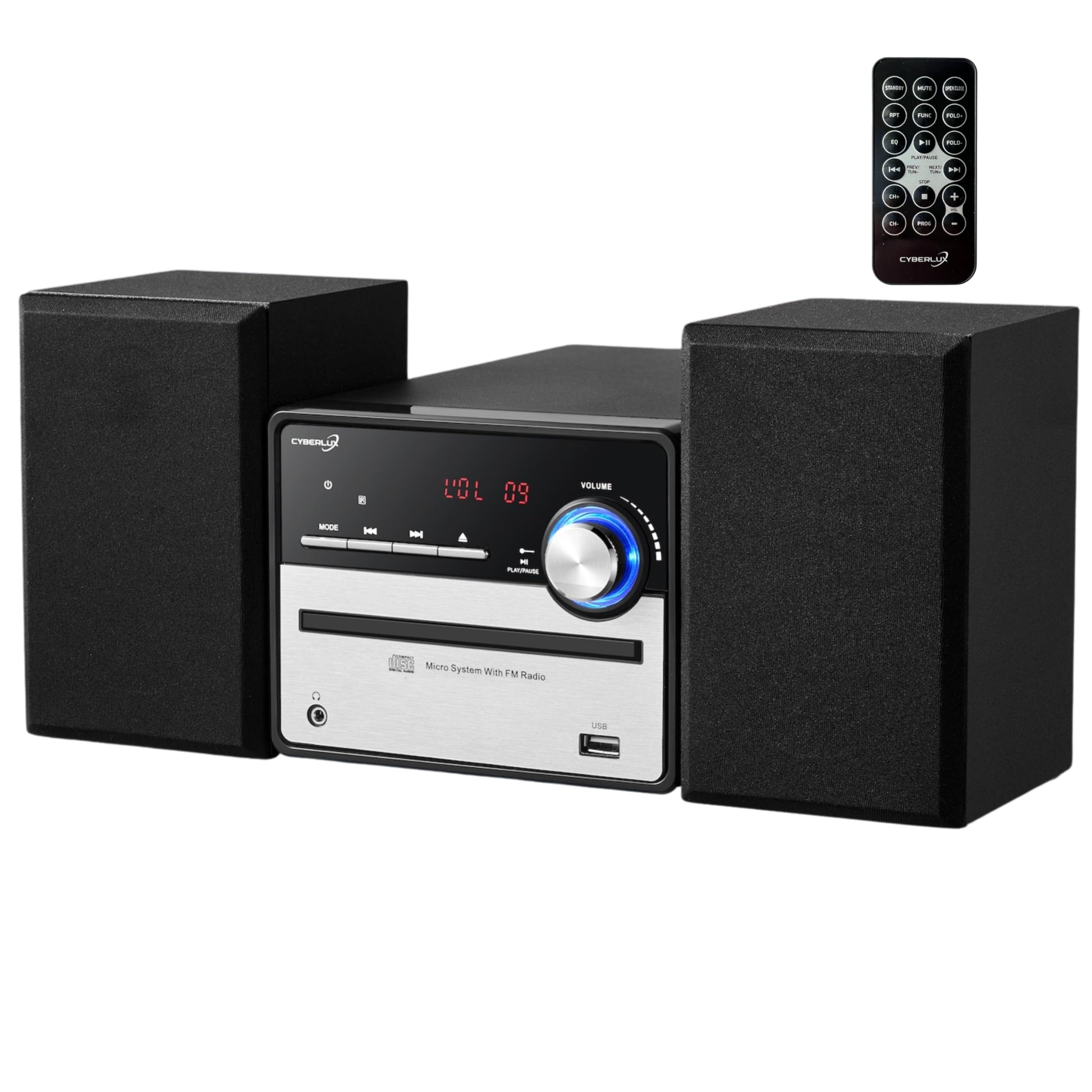 Cyberlux Mini HiFi Stereoanlage mit CD/MP3, USB und FM Radio, LED-Display und zwei Lautsprecherboxen